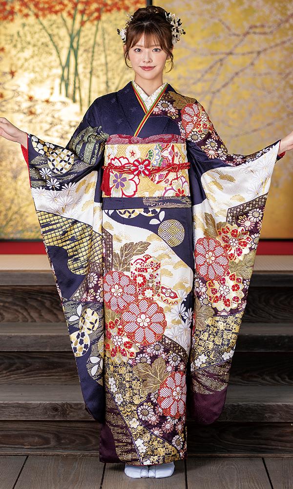 紺紫の絞り金彩友禅振袖