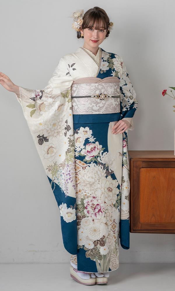 ターコイズブルーに白花々