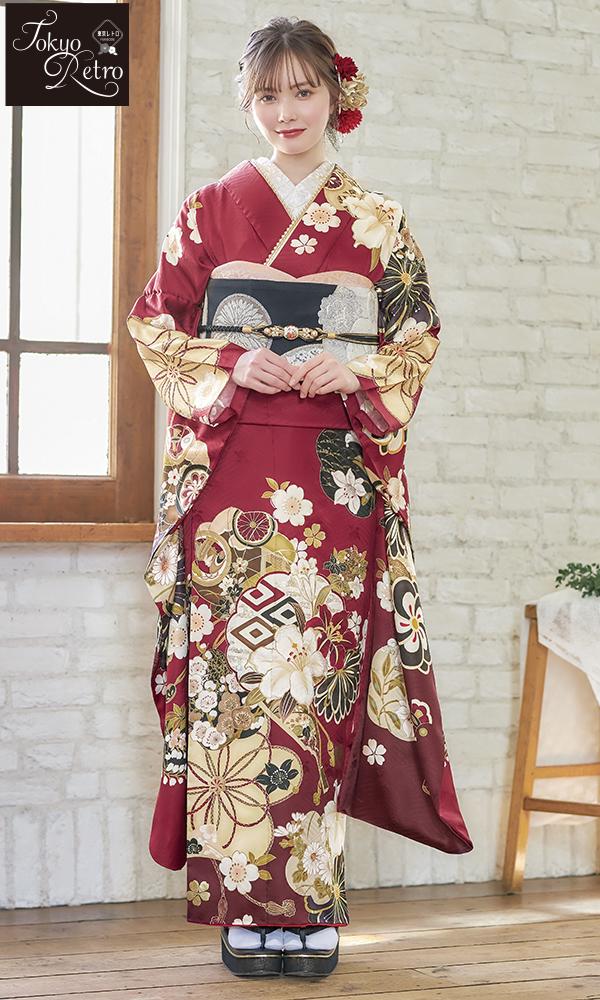 赤地にレトロの四季の花