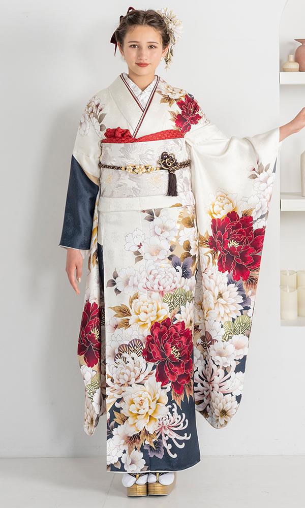 白地にボルドー牡丹と乱菊