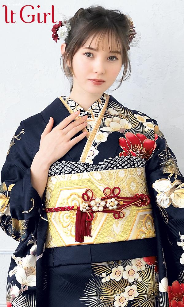 紺地に深紅の椿と白梅松