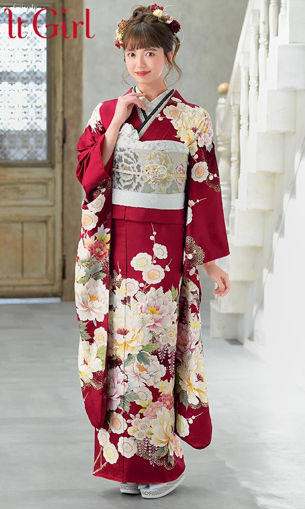 深紅振袖に四季の花尽くし