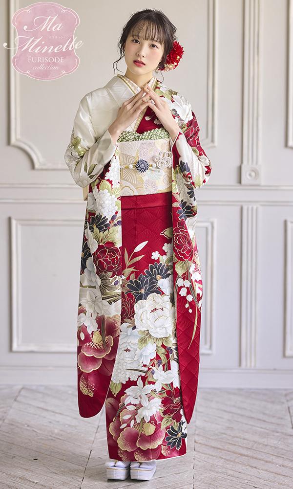深紅と白の花尽くし振袖
