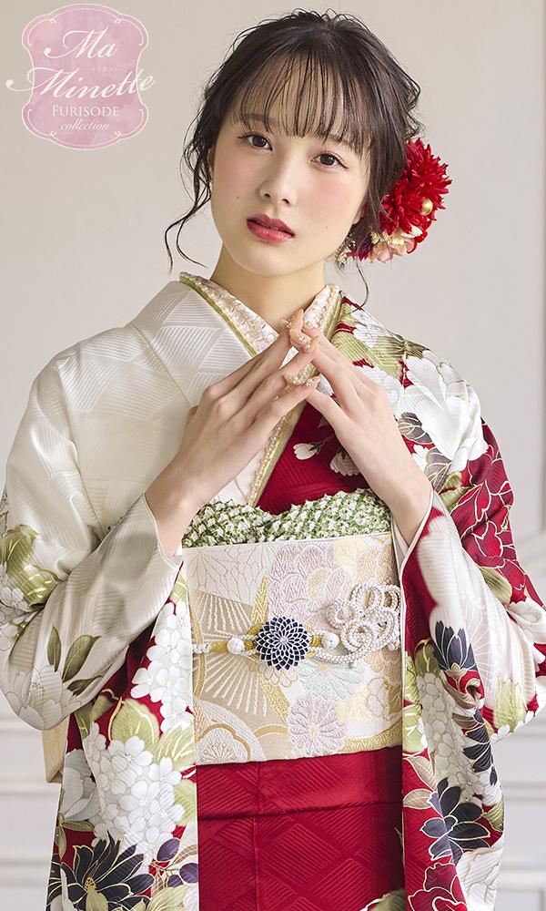 深紅と白の花尽くし振袖