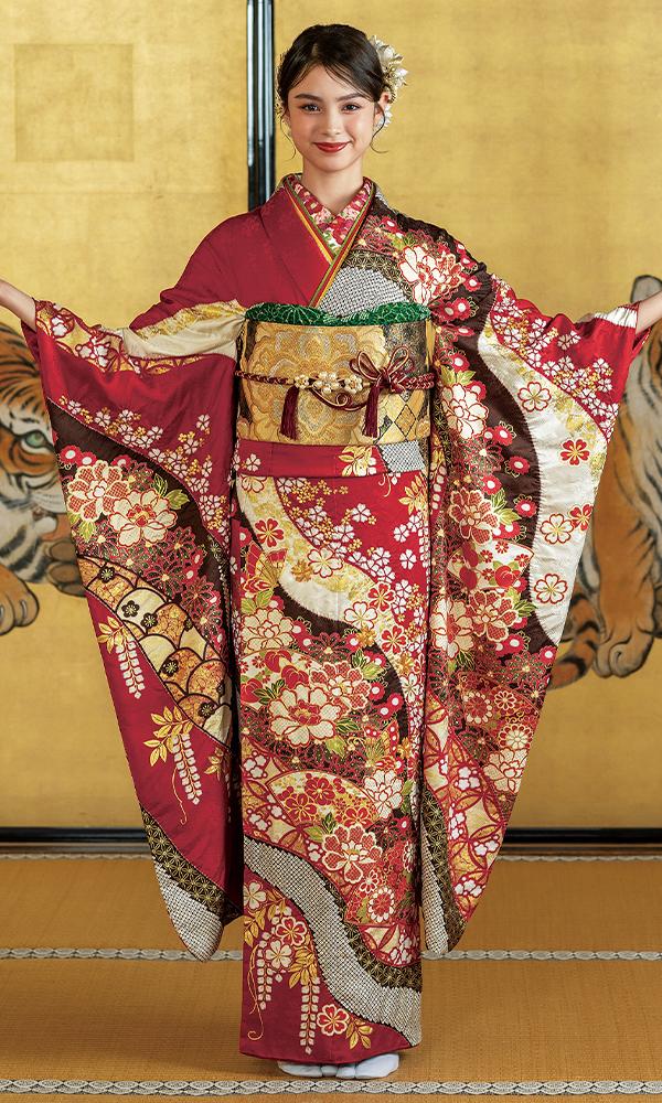 赤地に流水の華に絞り振袖