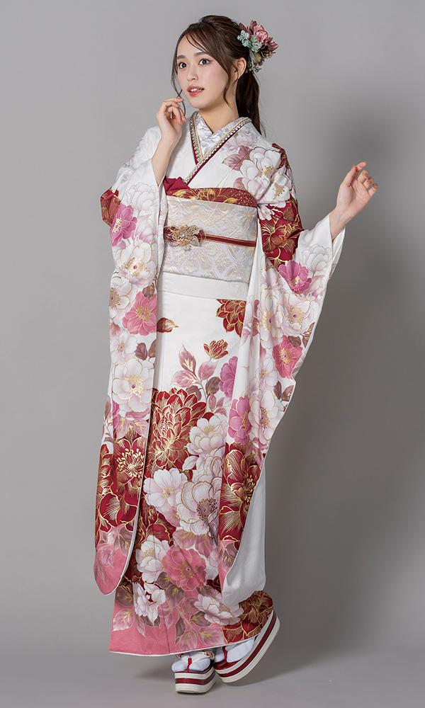 白地に紅白とピンク花模様