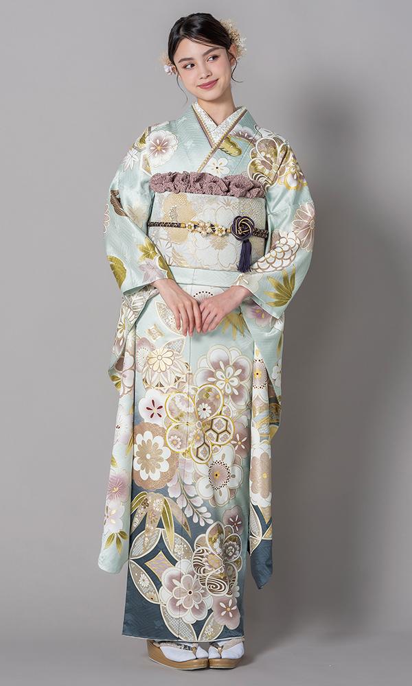 ミントブルーに毬と花柄