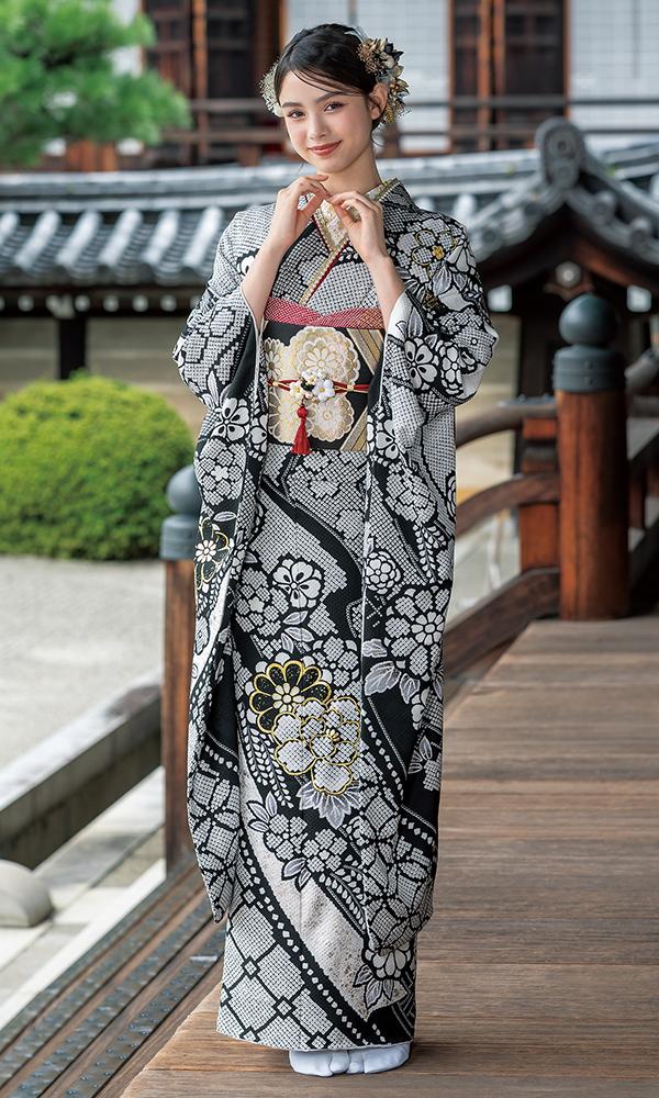 白黒絞りの鹿の子友禅振袖