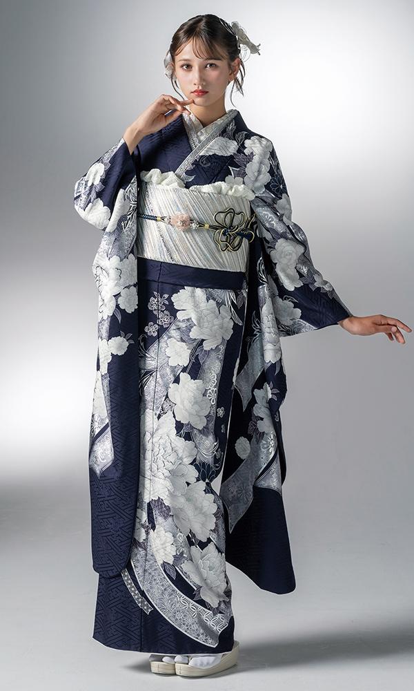 紺地に白と銀彩のしめ振袖