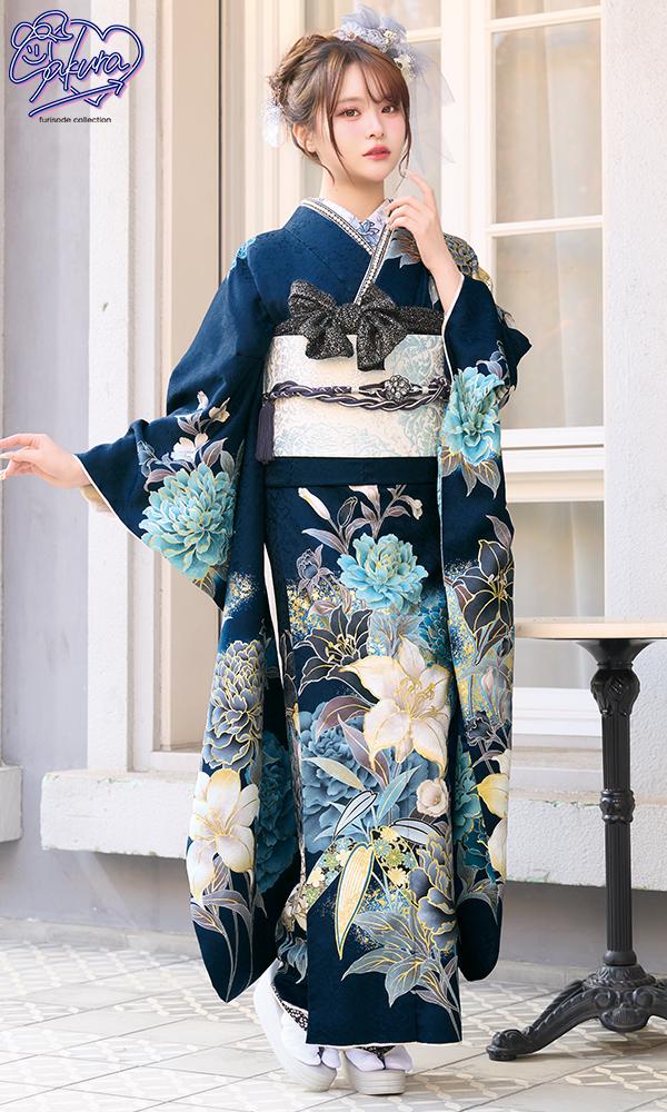 さくら/紺地に百合と牡丹