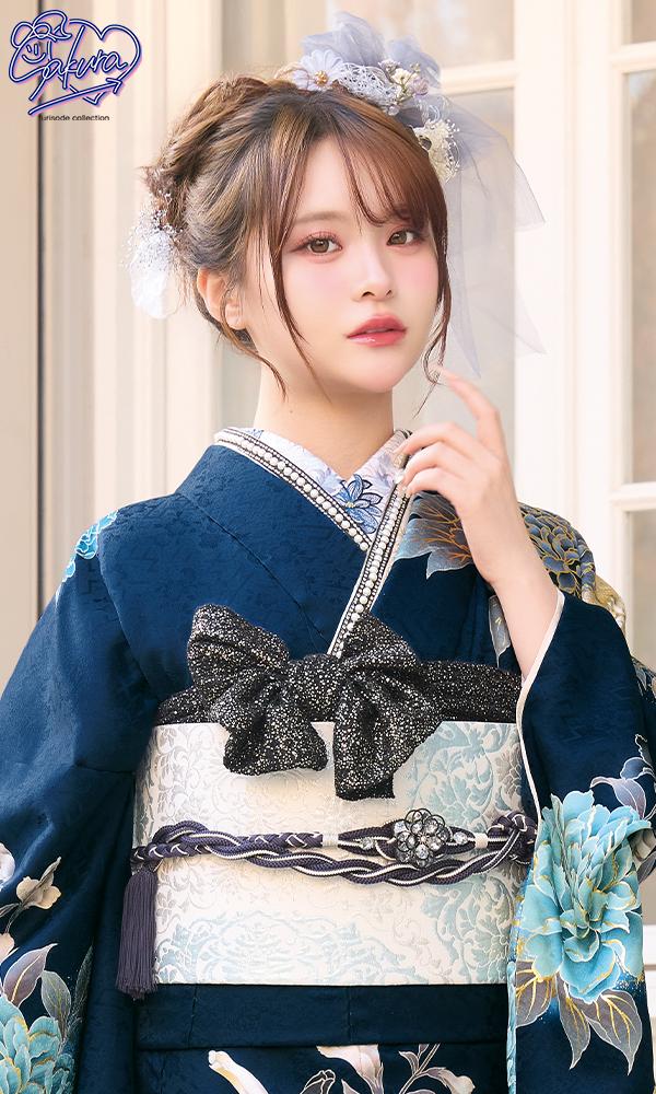 さくら/紺地に百合と牡丹