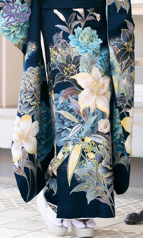 さくら/紺地に百合と牡丹