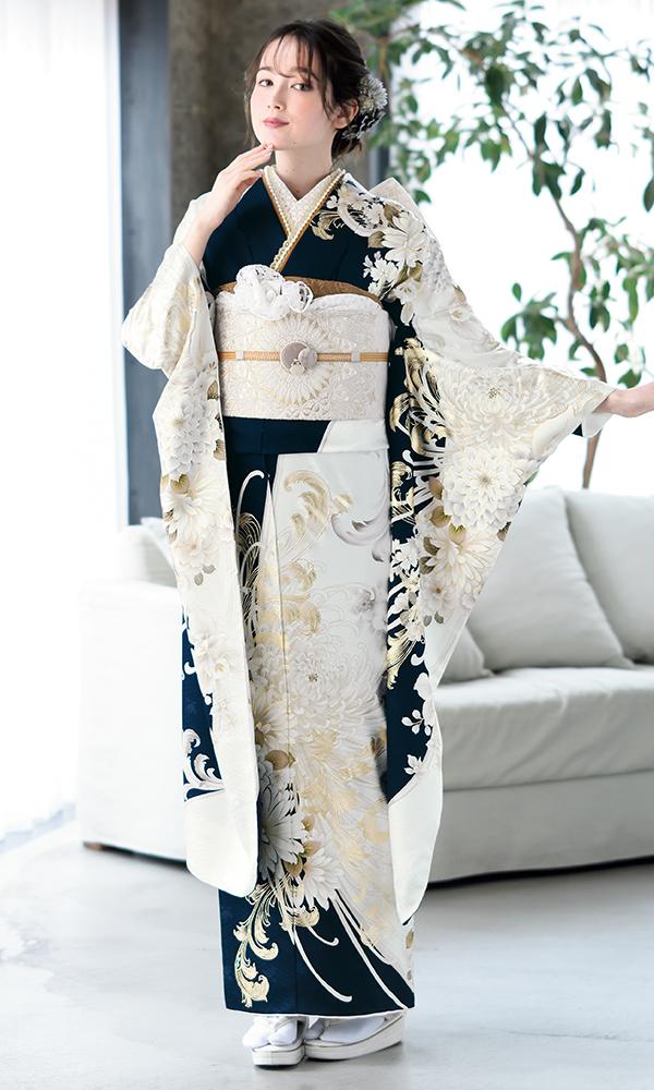 紺と純白の乱菊の金彩振袖