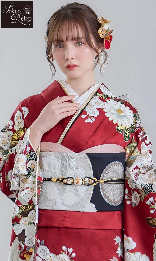 赤地に八重桜と椿の振袖