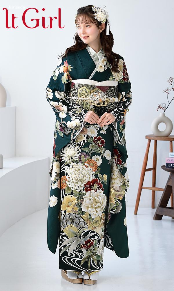 緑地に椿と四季の花尽くし