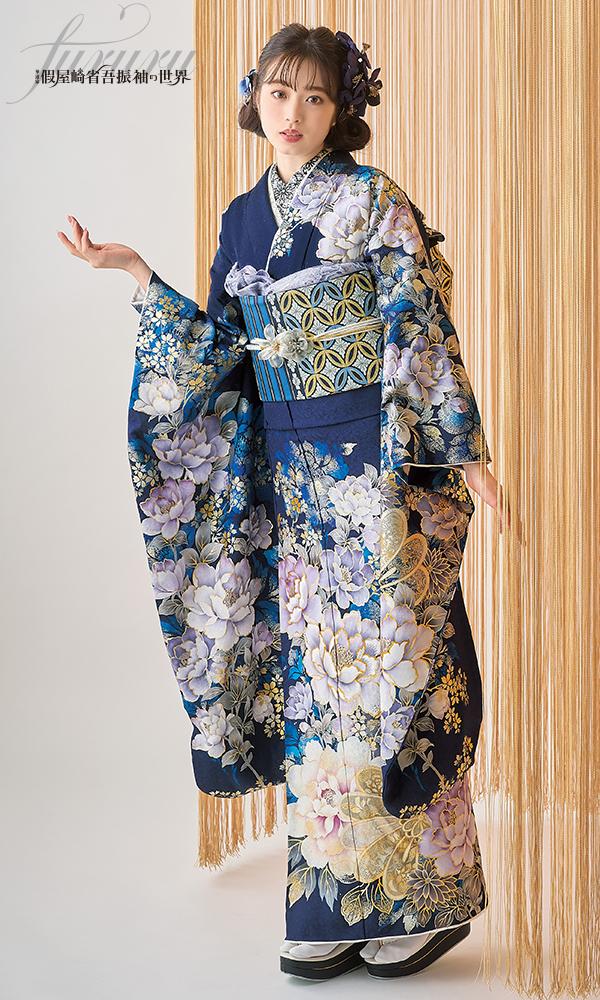 假屋崎×紺地に大輪の花々