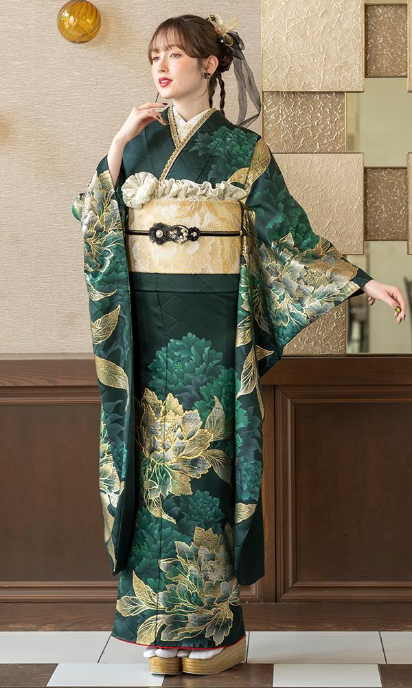 緑に大輪牡丹に金彩振袖