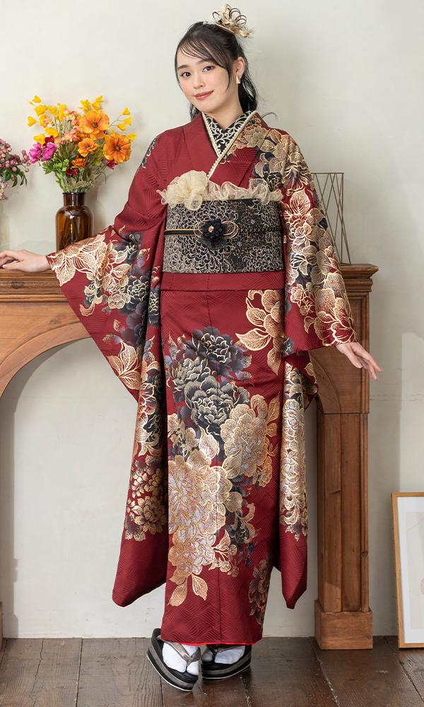 ボルドーレッドの金彩と花々