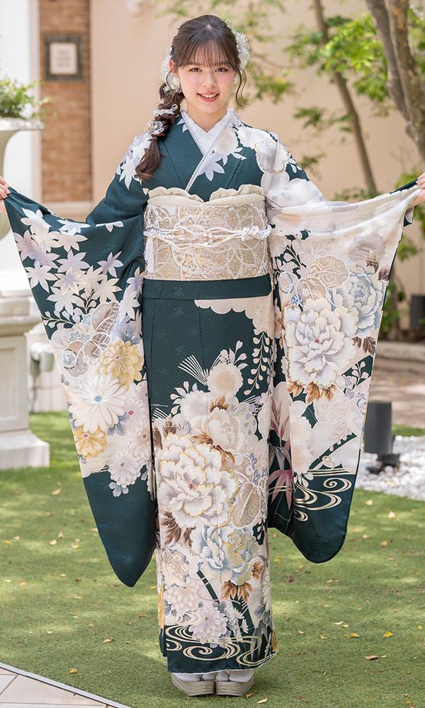 深めの青緑に四季の花々