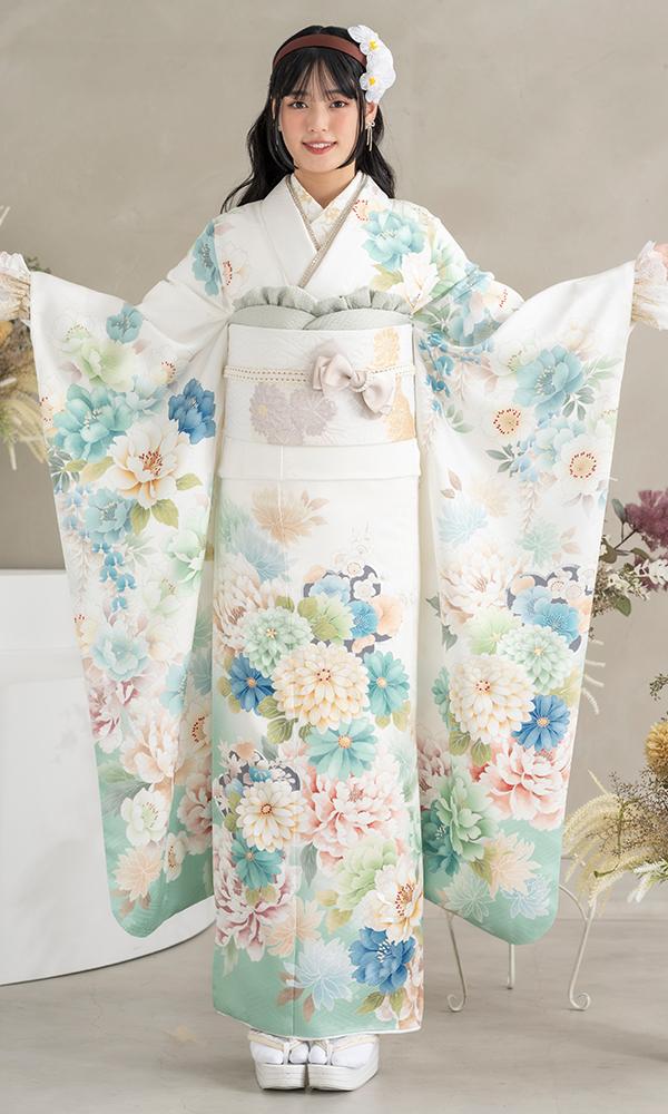 白地にミントブルーの花々