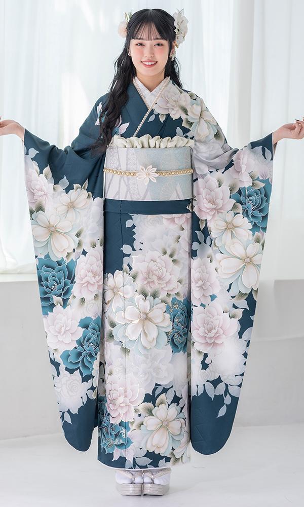 濃いめの青緑に白の花柄