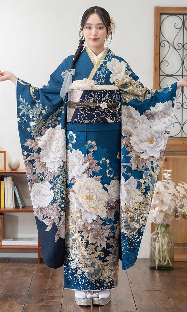 青地に牡丹と金彩スワロ