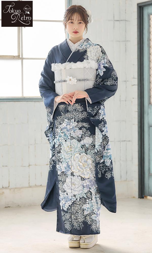 紺地に白の紫陽花と牡丹