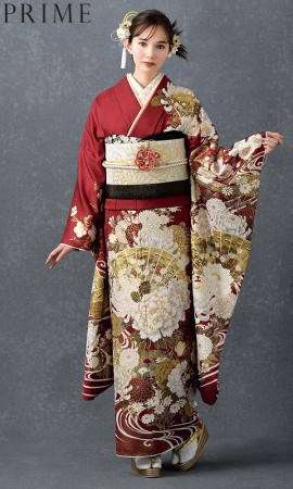 赤地に扇面と菊に牡丹