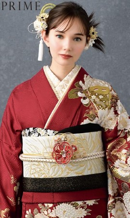 赤地に扇面と菊に牡丹