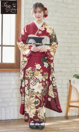 赤地にレトロの四季の花