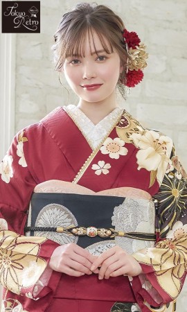 赤地にレトロの四季の花