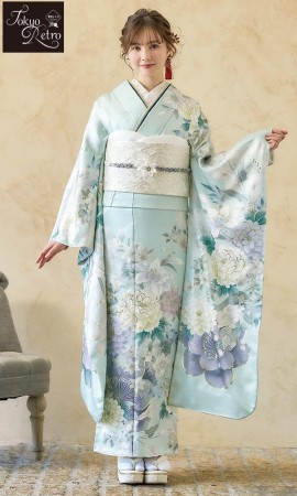 ミントグリーンに牡丹の花