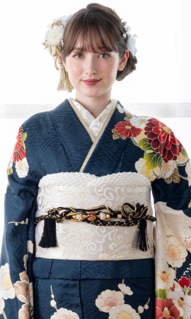 四季の花々入り紺色の古典