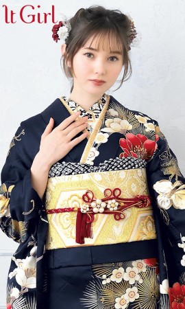 紺地に深紅の椿と白梅松