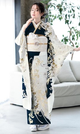 紺と純白の乱菊の金彩振袖