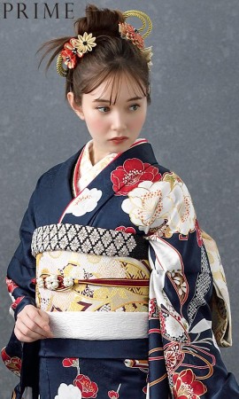 紺色に紅白の梅花振袖