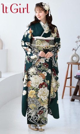 緑地に椿と四季の花尽くし