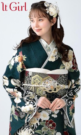 緑地に椿と四季の花尽くし