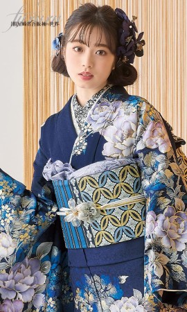 假屋崎×紺地に大輪の花々