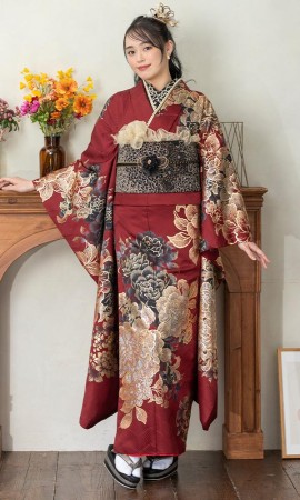 ボルドーレッドの金彩と花々