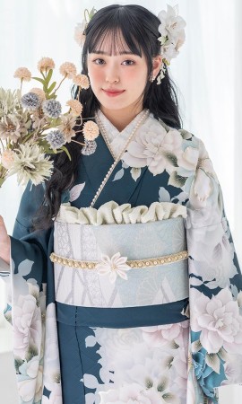 濃いめの青緑に白の花柄