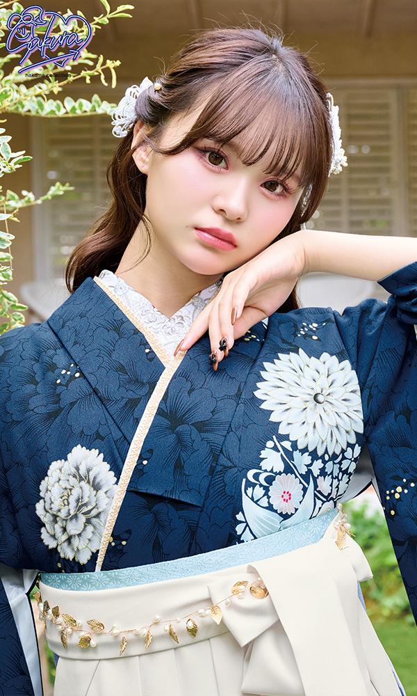 さくら/紺地に菊2尺袖着物