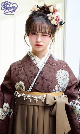 さくら/茶系に菊2尺袖着物