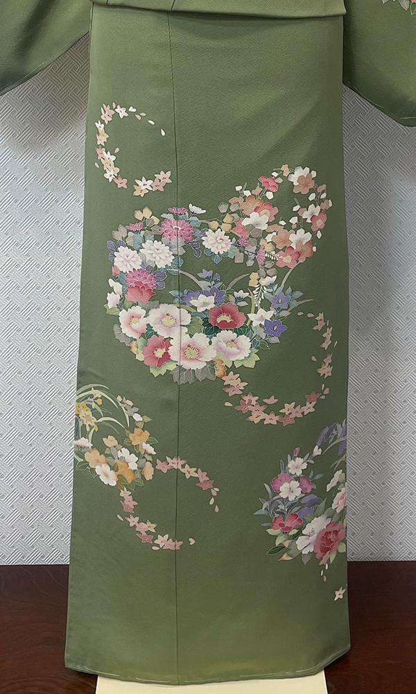 緑の花輪 手描訪問着