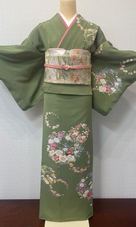 緑の花輪　手描訪問着
