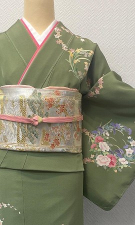 緑の花輪　手描訪問着