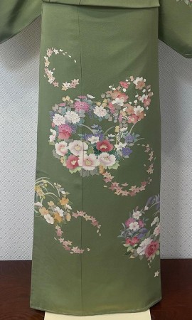 緑の花輪　手描訪問着