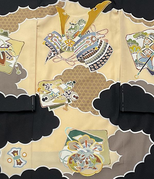 手描 黒地に兜・かるた/祝着