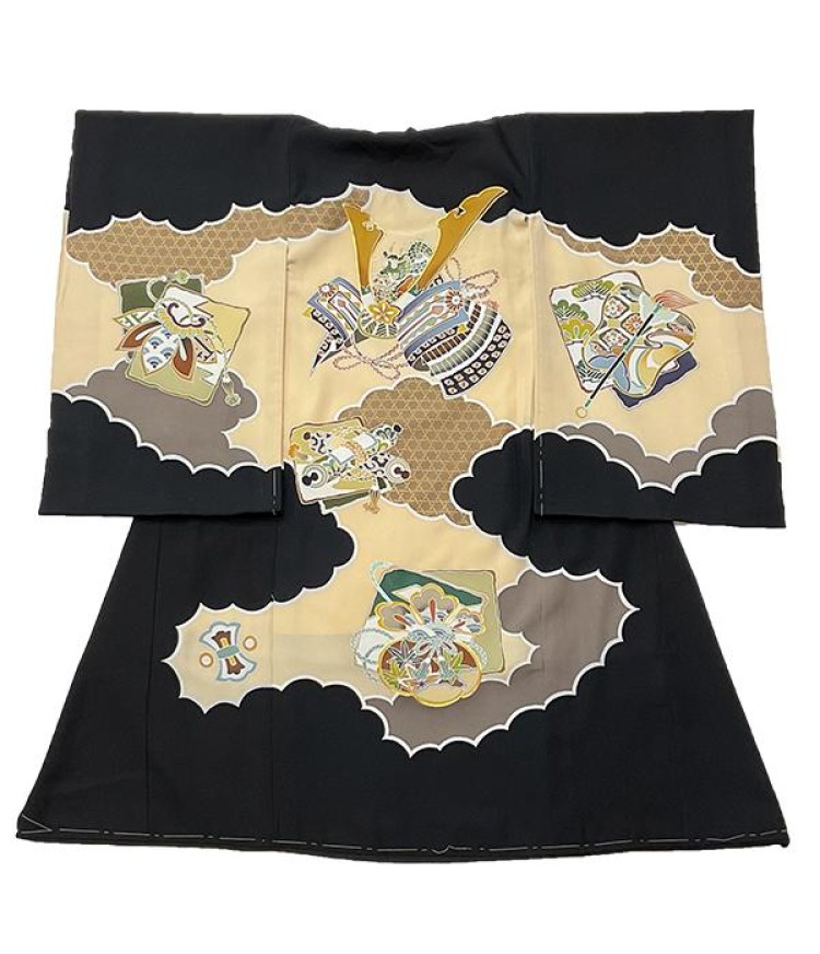 手描 黒地に兜・かるた/祝着