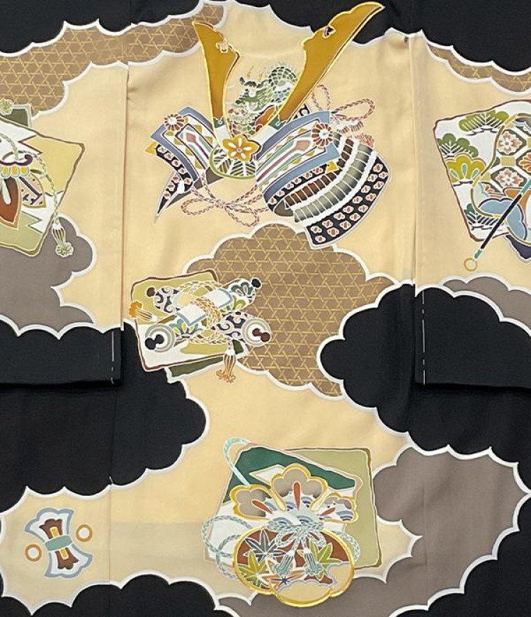 手描 黒地に兜・かるた/祝着